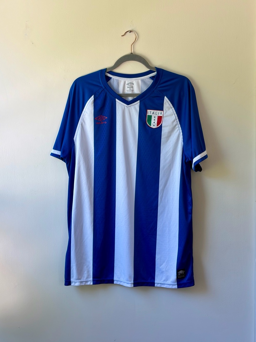 Umbro Blue & White Vertical Stripe Men's Italia Soccer Jersey